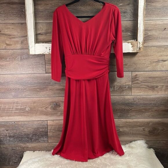 RABBIT RABBIT RABBIT Designs Womens Faux Wrap Midi Ruched Party Dress Red Sz  12 - Picture 3 of 10
